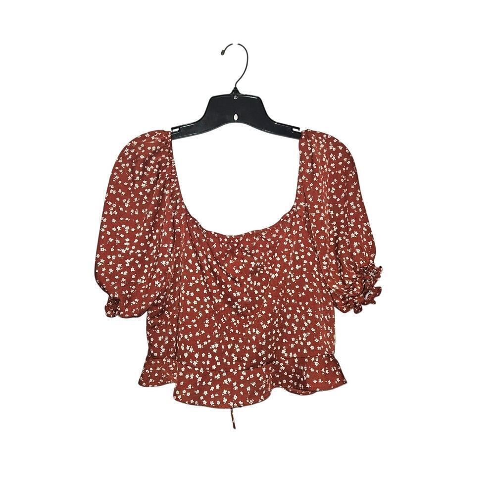 Floral Cropped Red Lace-up Off the Shoulder Puff Sleeves Womens Top Size Large - Picture 3 of 8